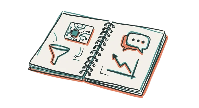 Marker sketch of an open notebook with product doodles